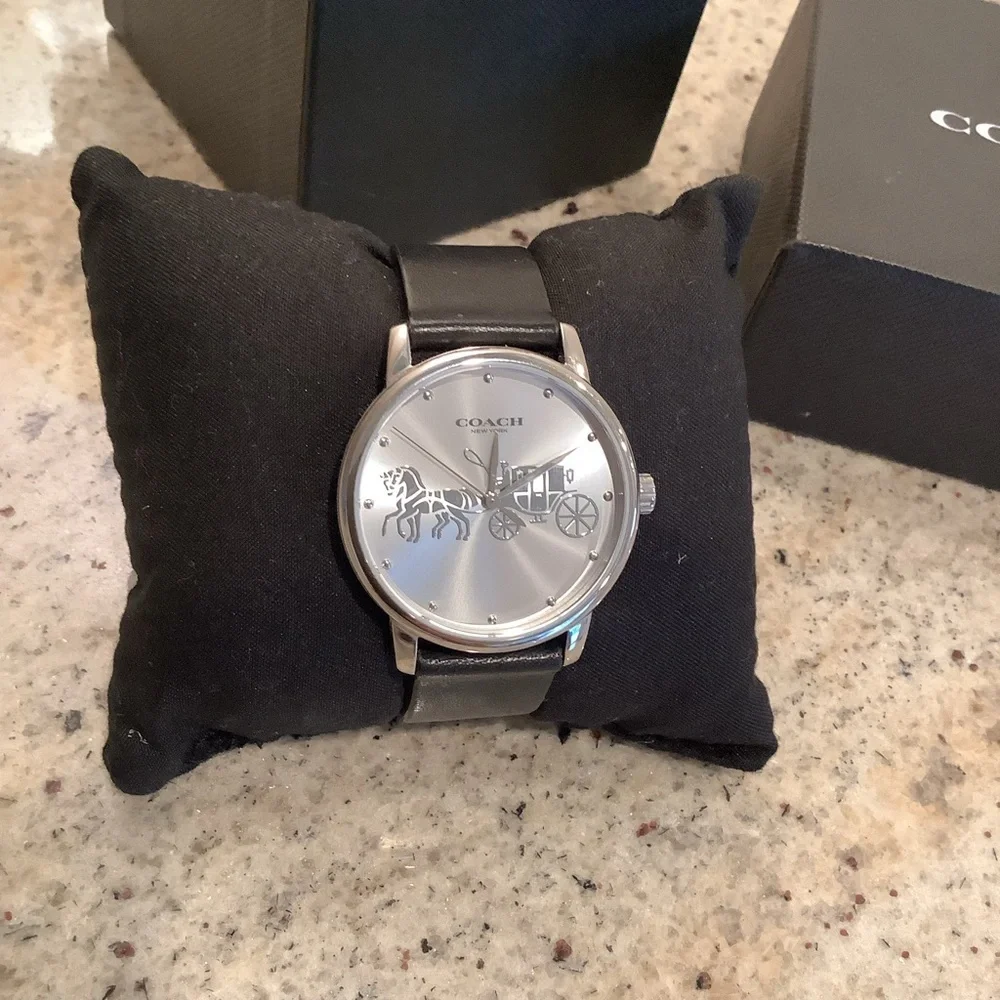 Coach Silver and Black Watch Leather Band